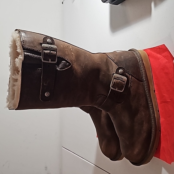 UGG Australia Kensington Toast Tall Shearling Boots Brown Leather Size 7 VGUC - Picture 11 of 16